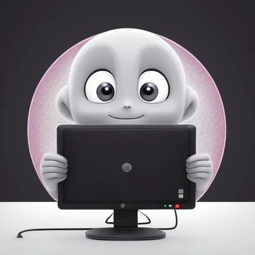Personaje tecnológico junto a un monitor