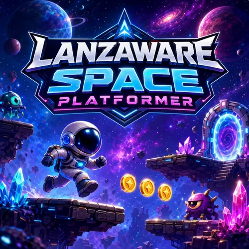 Portada de Lanzaware Space Platformer con astronauta, plataformas espaciales, monedas y criaturas alienígenas