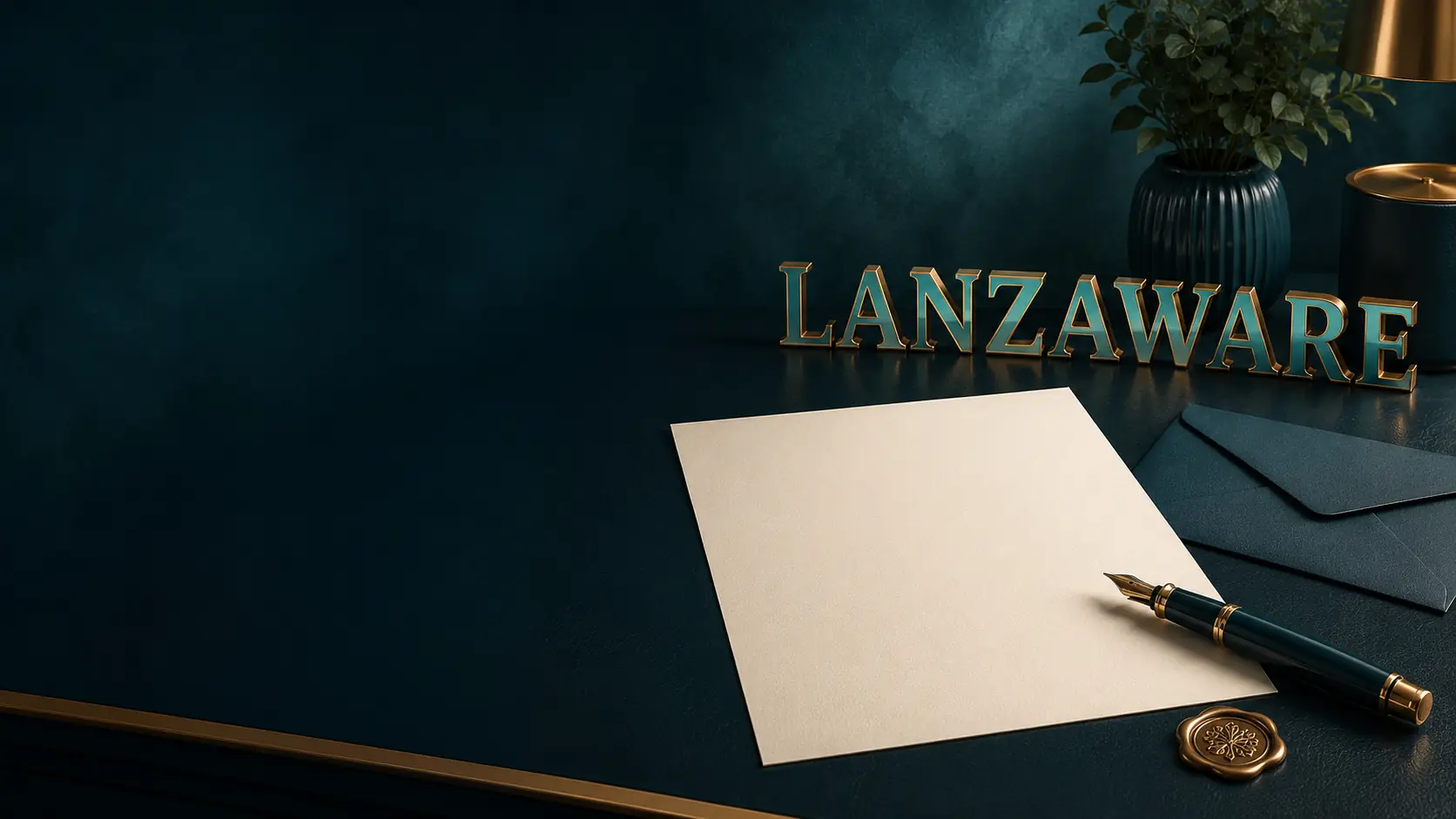 Escritorio elegante con una carta, una pluma y LANZAWARE en letras 3D
