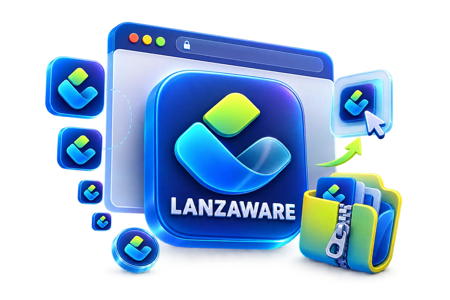 Ilustración 3D de un paquete de iconos favicon de Lanzaware