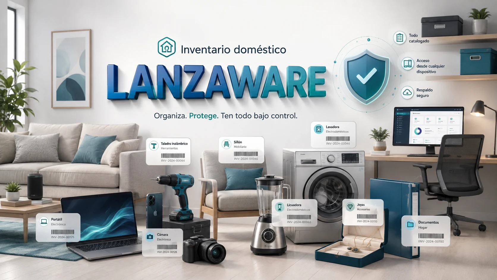 Escena ilustrada de hogar con objetos inventariados y la marca Lanzaware