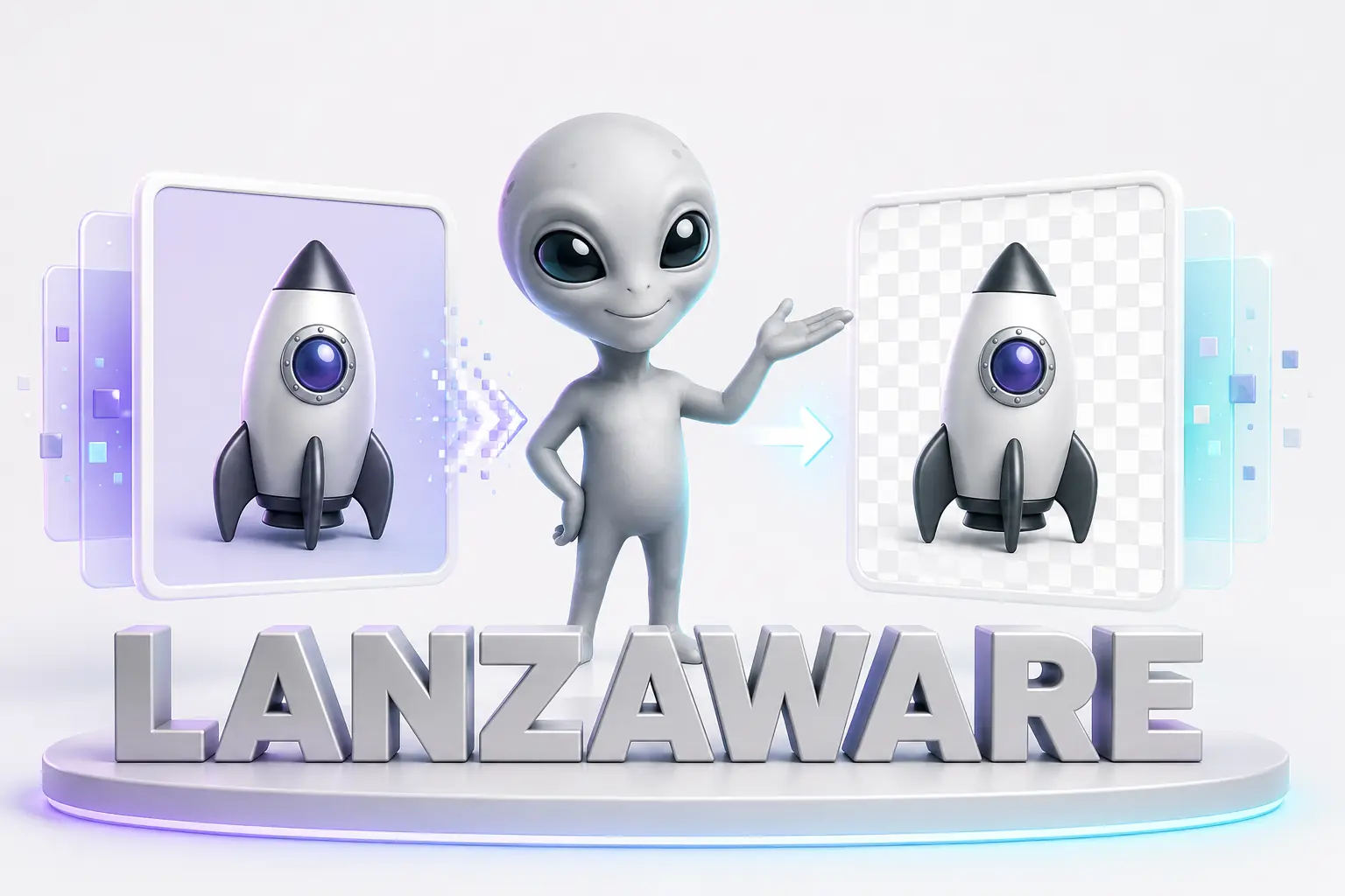 Alien gris de Lanzaware mostrando una imagen con fondo y otra transparente