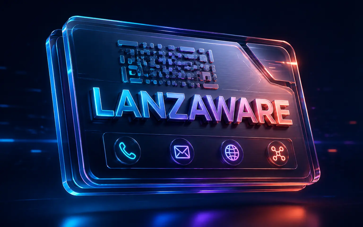 Tarjeta digital futurista Lanzaware con QR y accesos de contacto